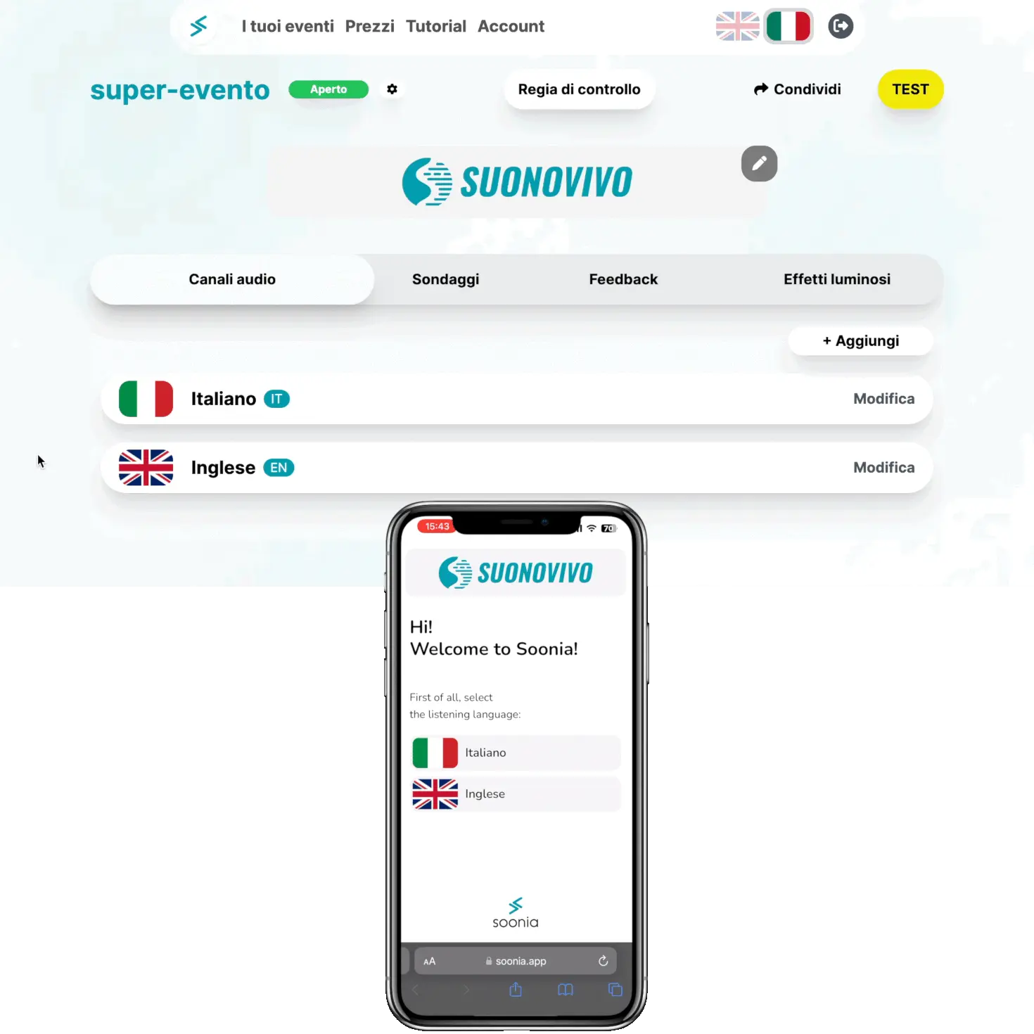 Soonia impostazioni evento