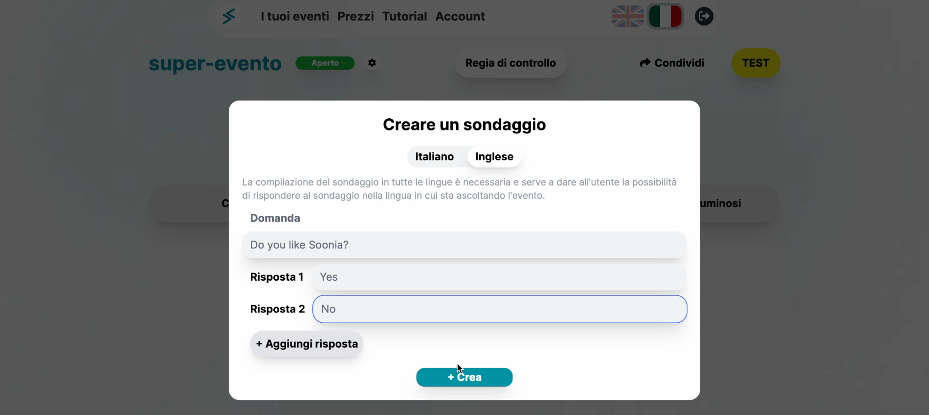 Soonia creazione sondaggi